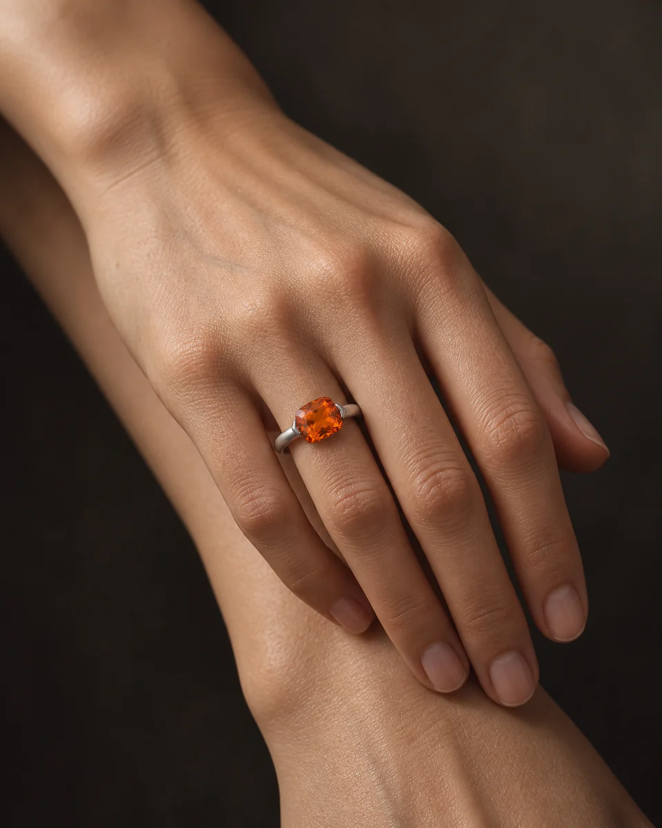 A small orange cushion gemstone ring on a naturally resting hand