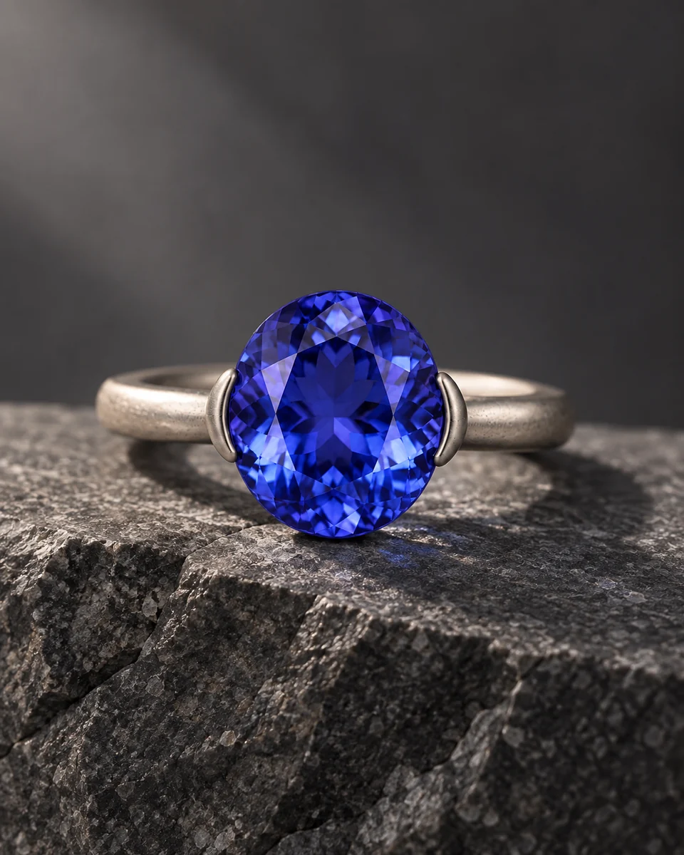 A vivid violet oval gemstone in a minimal silver ring, resting on dark stone